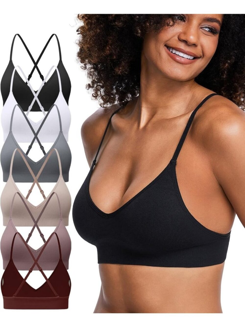 Lightweight Wireless V Neck Bralette Set, A-D Cup Comfort Padded Lounge Bra, 3/6